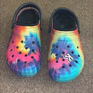 Rainbow furry crocs